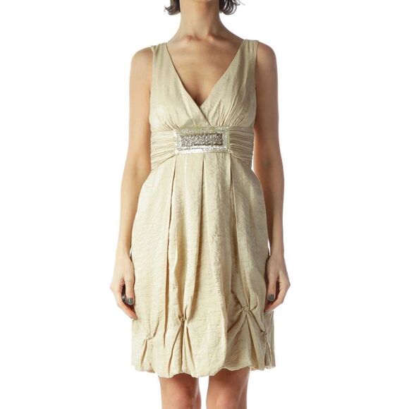 BCBG MaxAzria Y2K gold Sequin Patch Gathered Bubble Hem size 10 - Picture 2 of 9